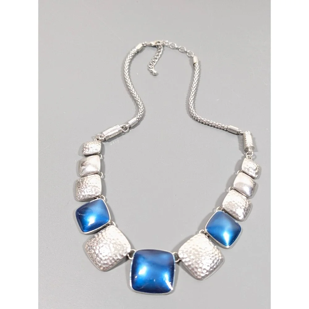 Blue‎ Enamel Hammered Statement Necklace Silver Tone Western Boho 22